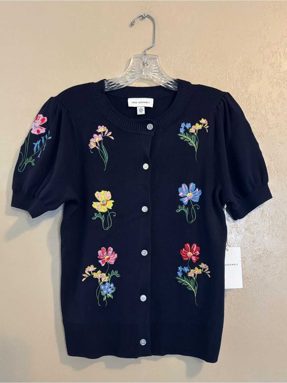 NWT Free Assembly Embroidered Cardigan Sweater with Puff Sleeves sz S 4-6